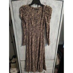 Zara Leopard Ruched Puff Long Sleeve Maxi Dress Xs Boho Cottage Core